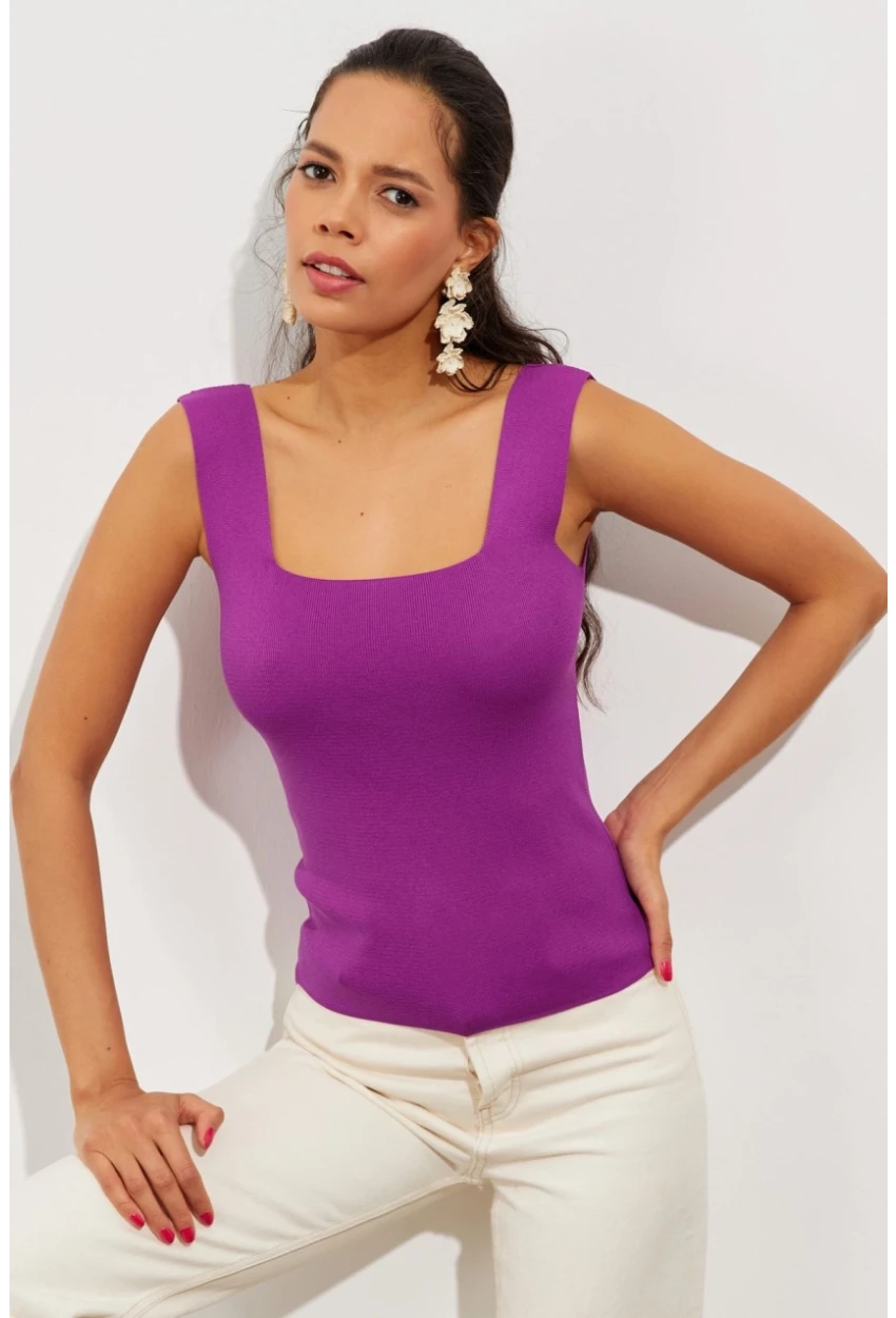 Kadın Mor Kare Yaka Triko Bluz YV87