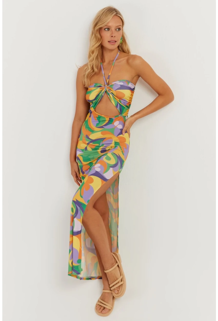 Kadın Multi Boyun Bağlamalı Desenli Midi Elbise MEN2041