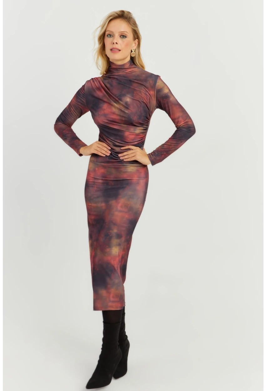 Kadın Multi Büzgülü Desenli Midi Elbise MON118