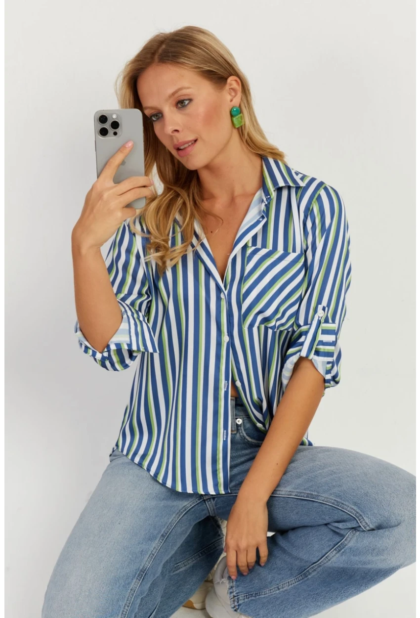 Kadın Multi Çizgili Saten Gömlek SF2536