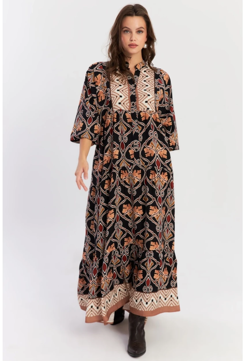 Kadın Multi Etnik Desenli Maxi Dokuma Elbise ALO228