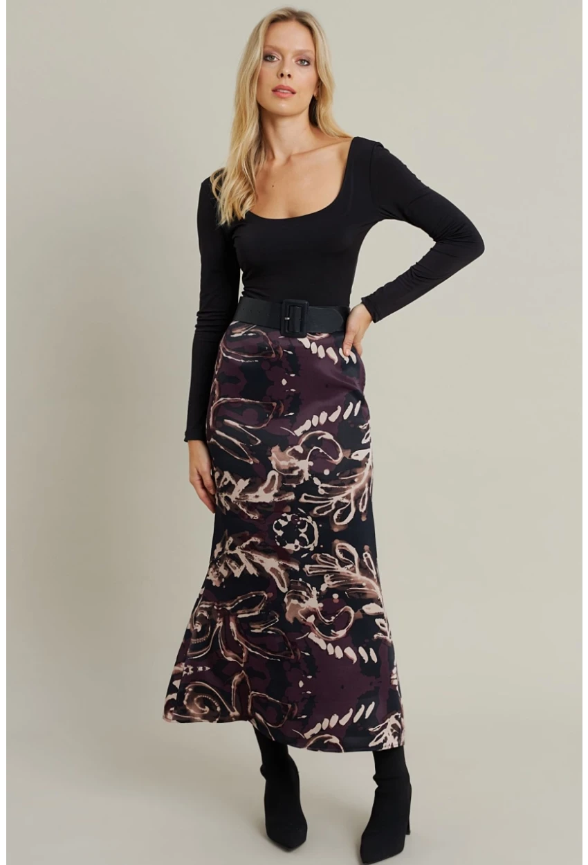 Kadın Mürdüm Desenli Saten Etek MCAR1060