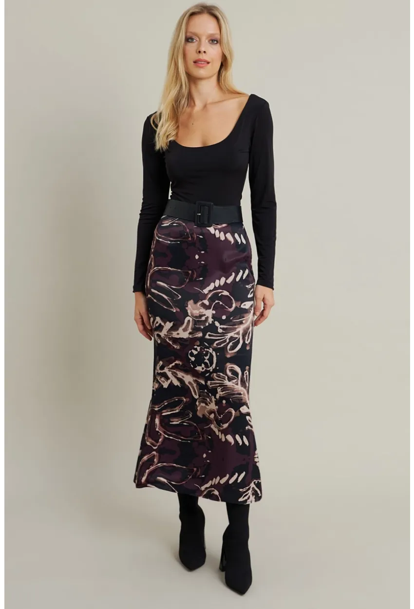 Kadın Mürdüm Desenli Saten Etek MCAR1060