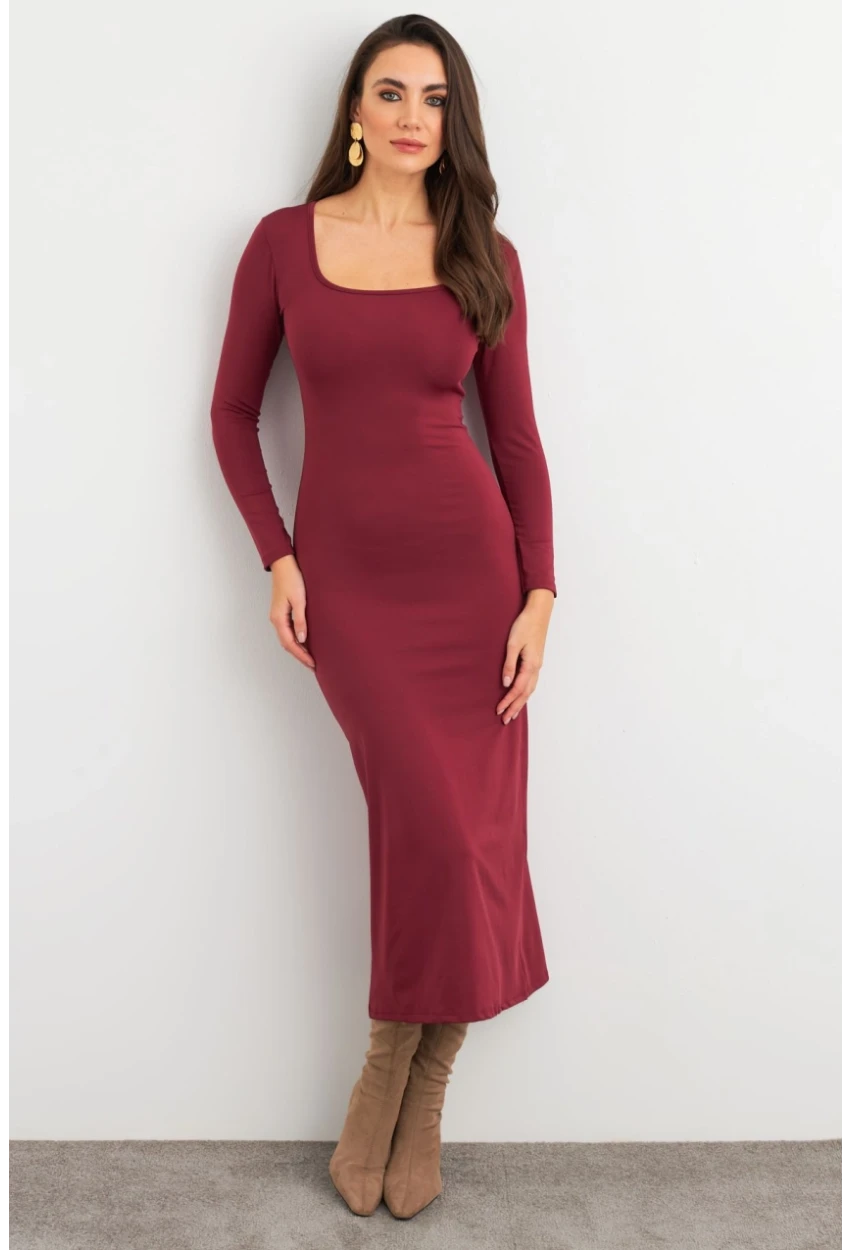 Kadın Mürdüm Kare Yaka Midi Elbise XC8102