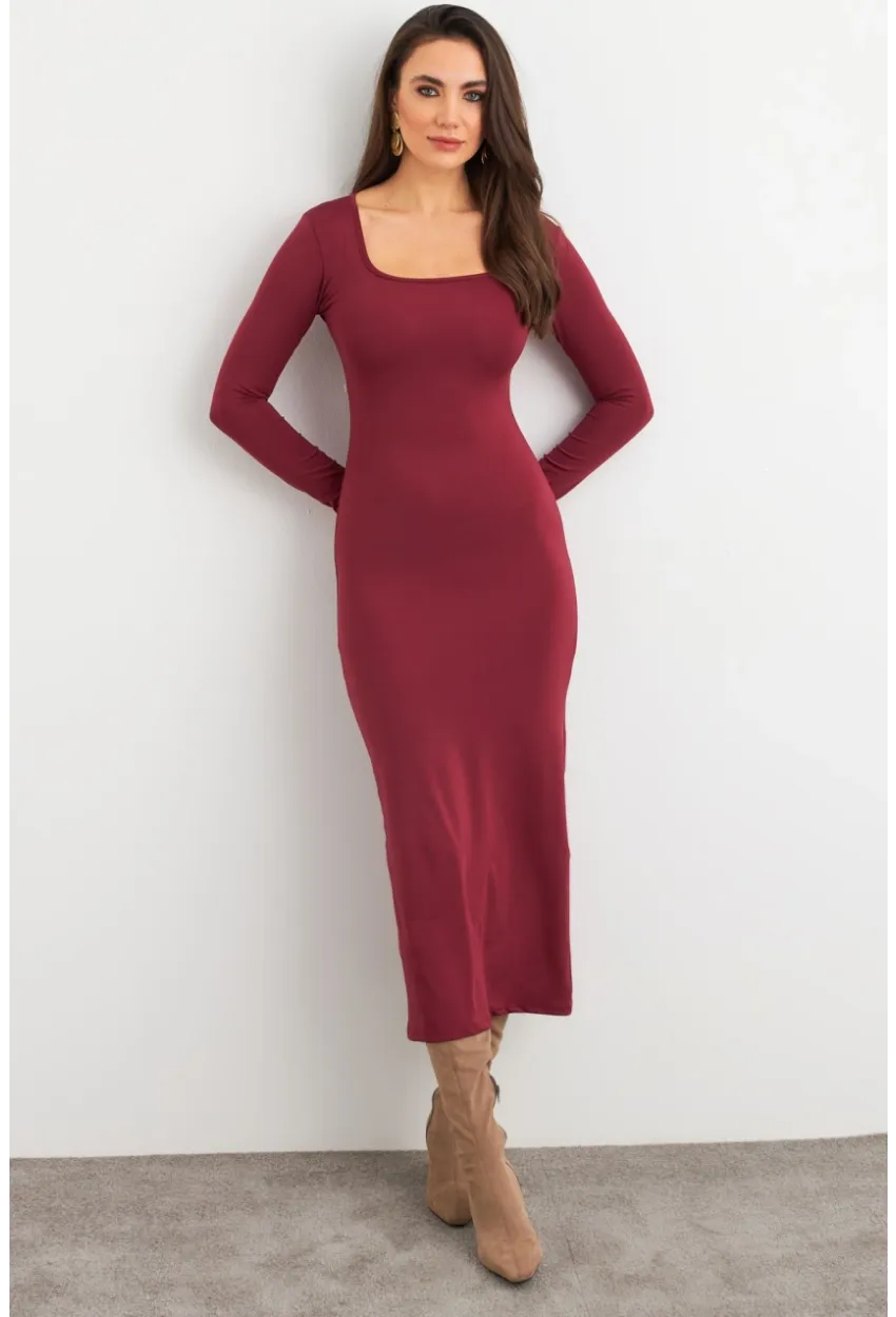 Kadın Mürdüm Kare Yaka Midi Elbise XC8102