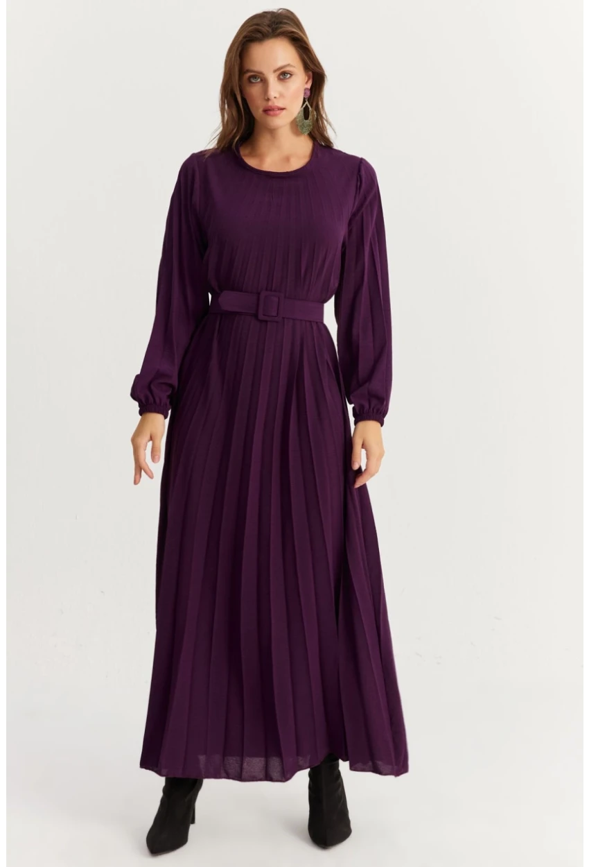 Kadın Mürdüm Kemerli Plili Maxi Elbise ALZ500