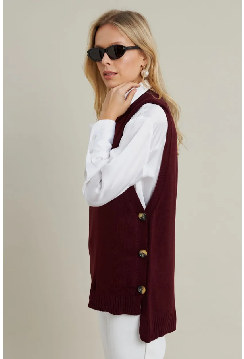 Kadın Mürdüm Yanları Düğmeli Kolsuz Triko Tunik YV75