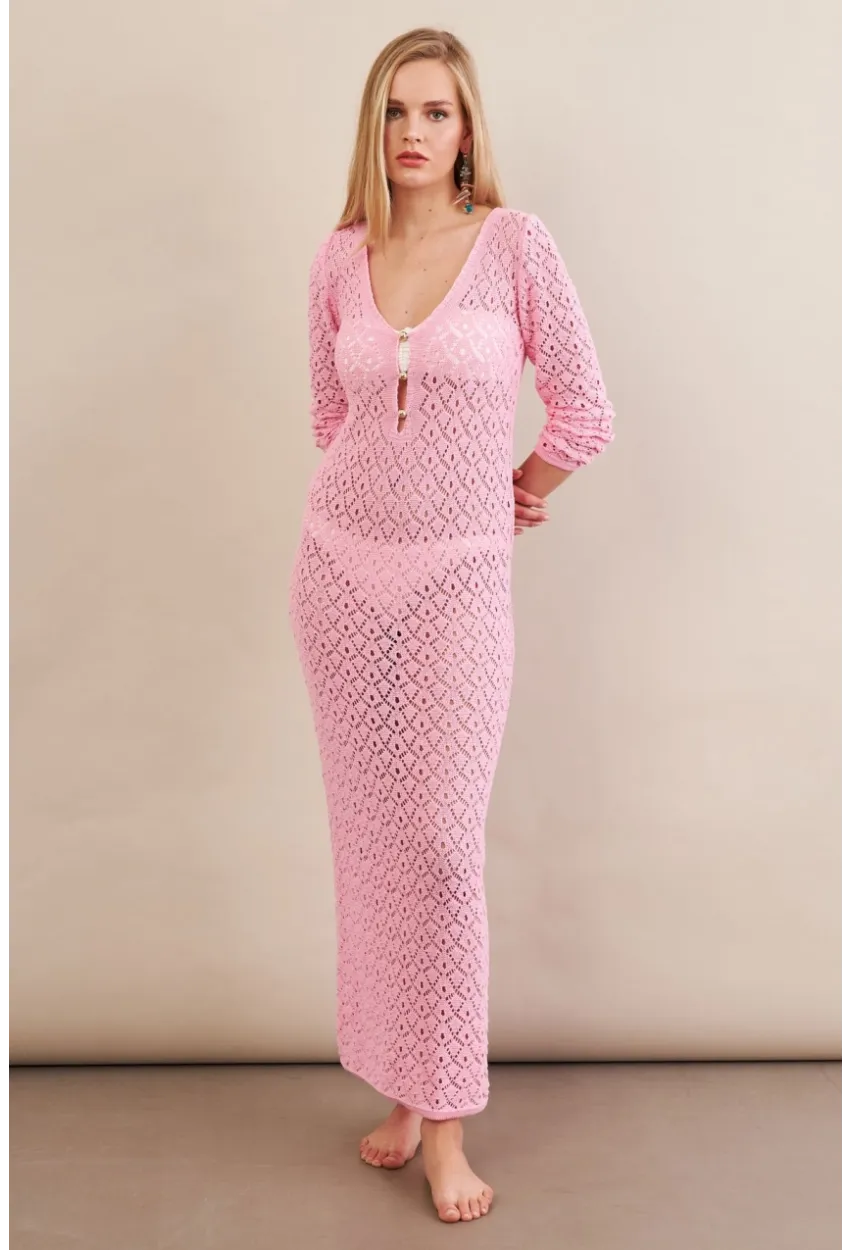 Kadın Pembe Aksesuarlı Triko Plaj Elbisesi KZ3237-90