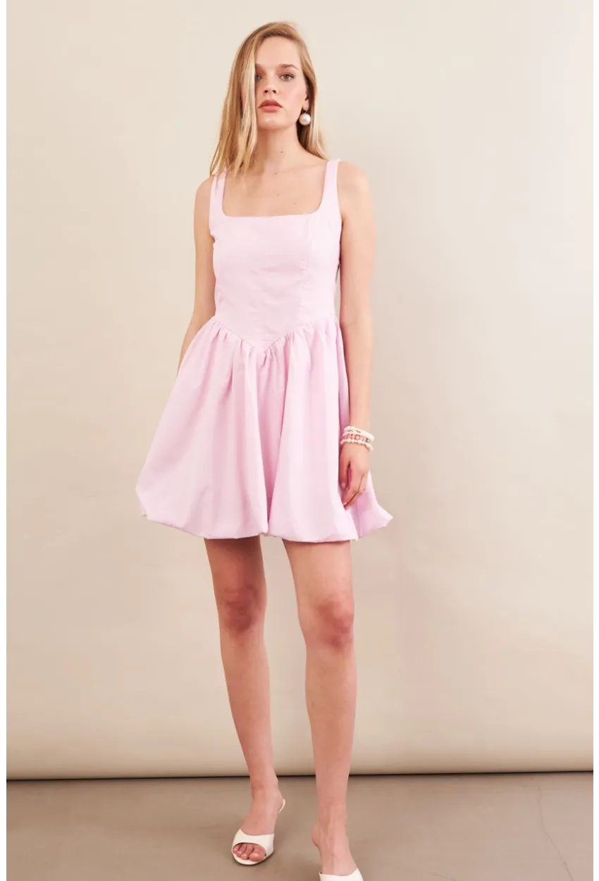 Kadın Pembe Askılı Mini Balon Elbise ERL105