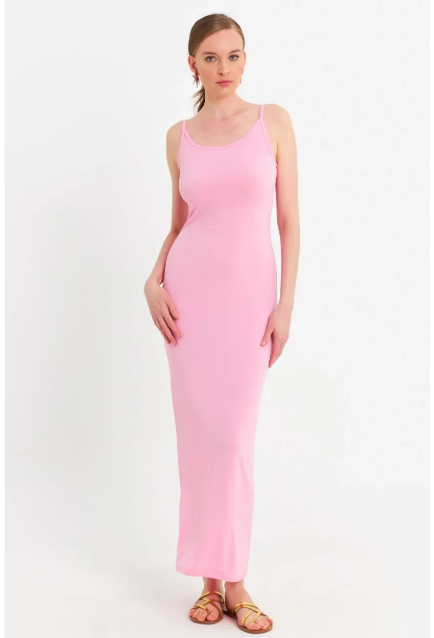 Kadın Pembe Ayarlanabilir Askılı Maxi Elbise MEN2004