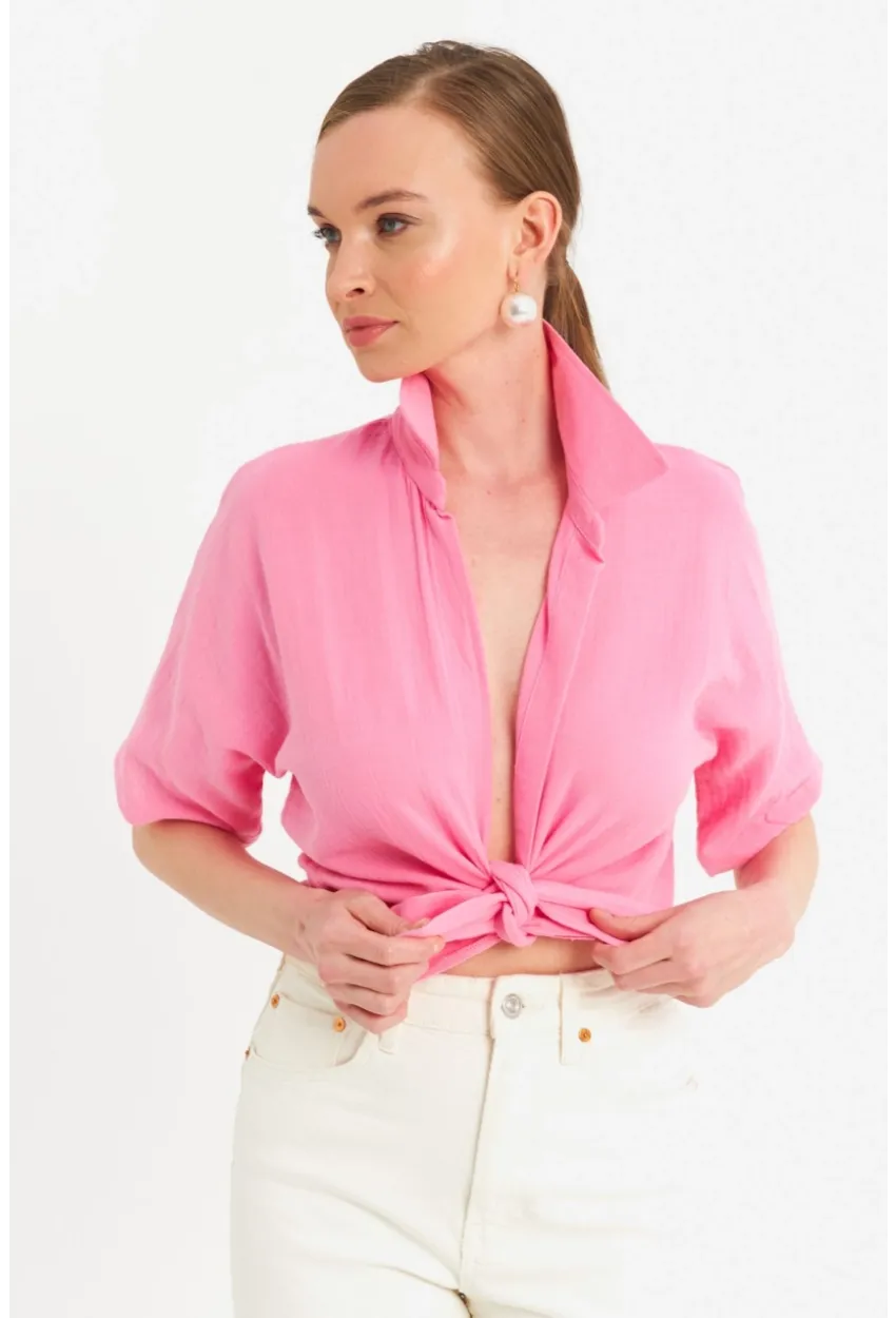 Kadın Pembe Bağlamalı Keten Bluz BTH16