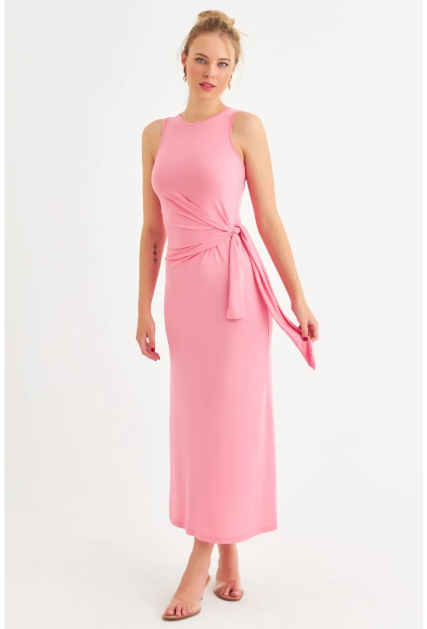 Kadın Pembe Büzgülü Kolsuz Midi Elbise TF75