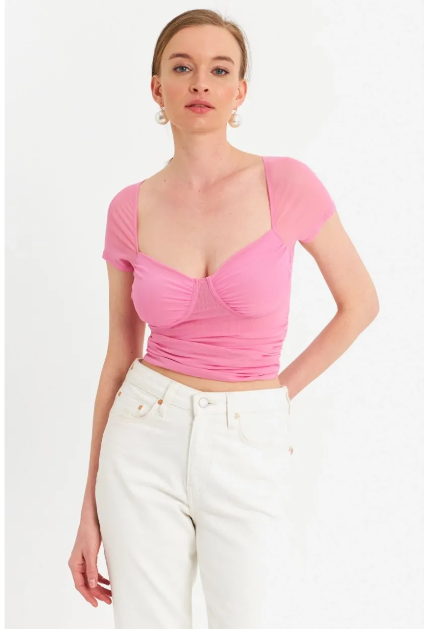Kadın Pembe Büzgülü Tül Crop Bluz TPG04