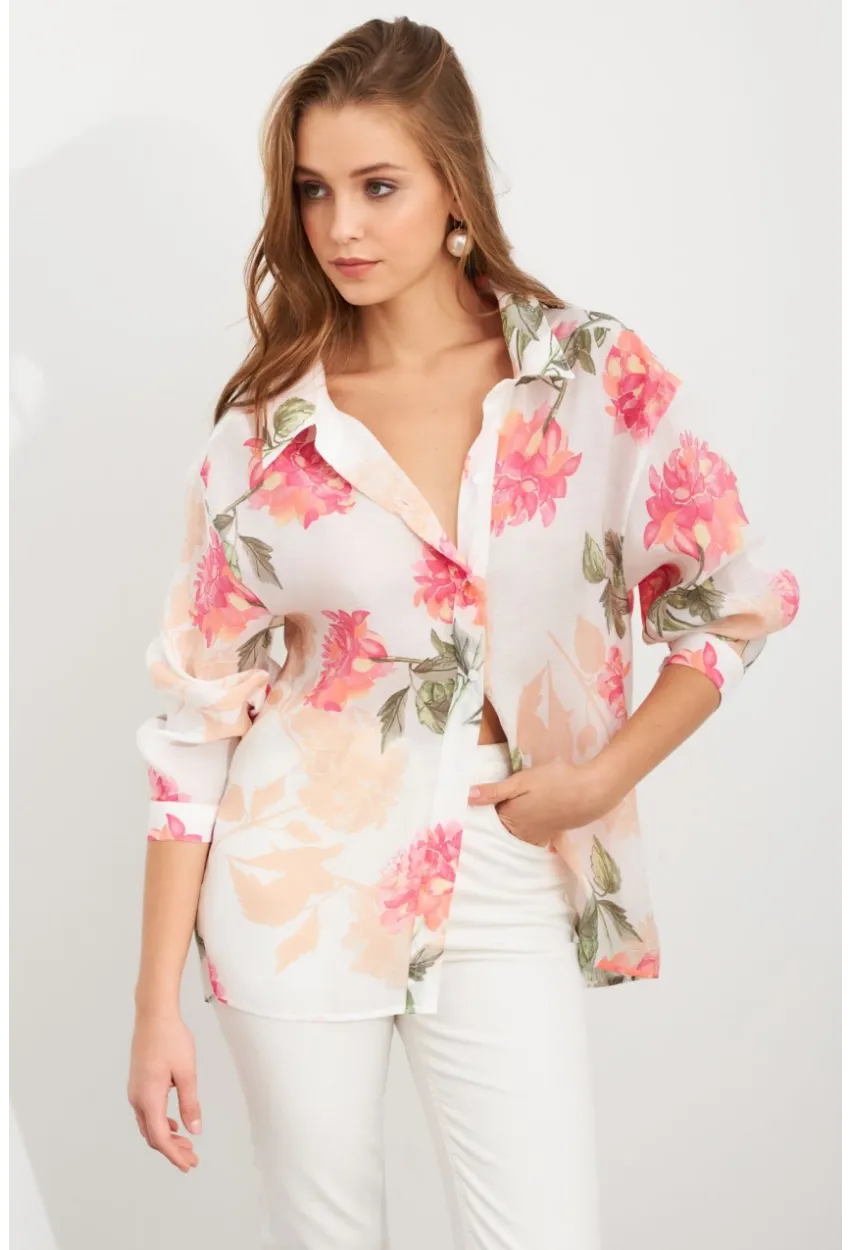 Kadın Pembe Çiçek Desenli İnce Keten Gömlek MCAR1068
