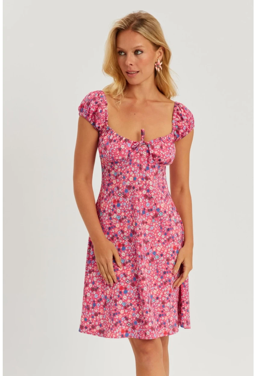 Kadın Pembe Çiçekli Mini Elbise GÇ165