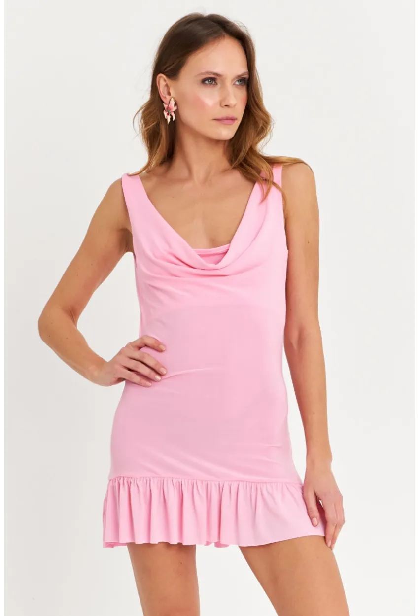 Kadın Pembe Degaje Yaka Mini Elbise HOR0078