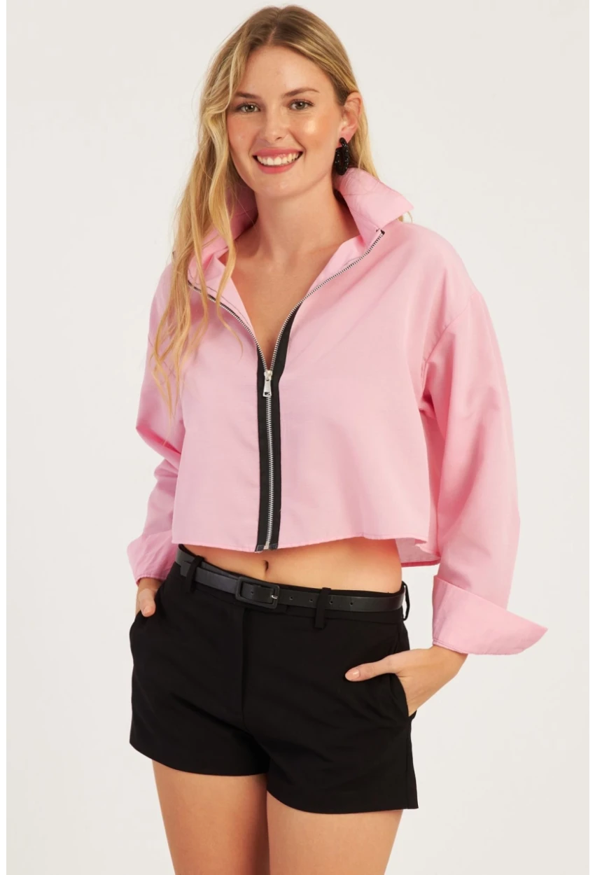 Kadın Pembe Fermuarlı Kısa Gömlek SF2541