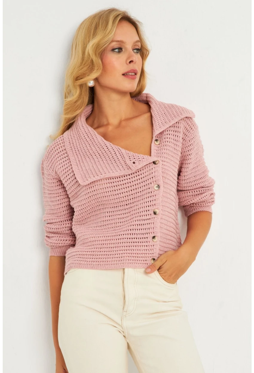 Kadın Pembe Geniş Yakalı Triko Hırka MİW4571