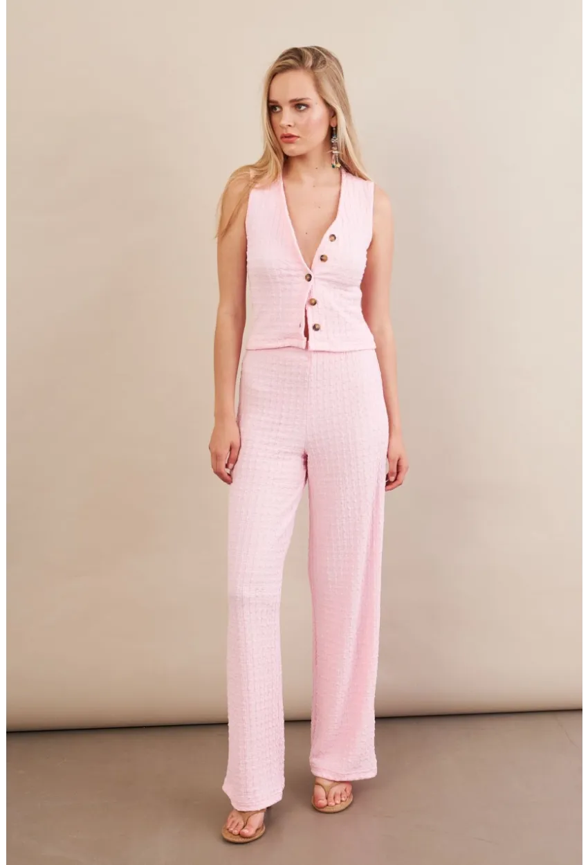 Kadın Pembe Gofre Yelek Pantalon Takım FLU330