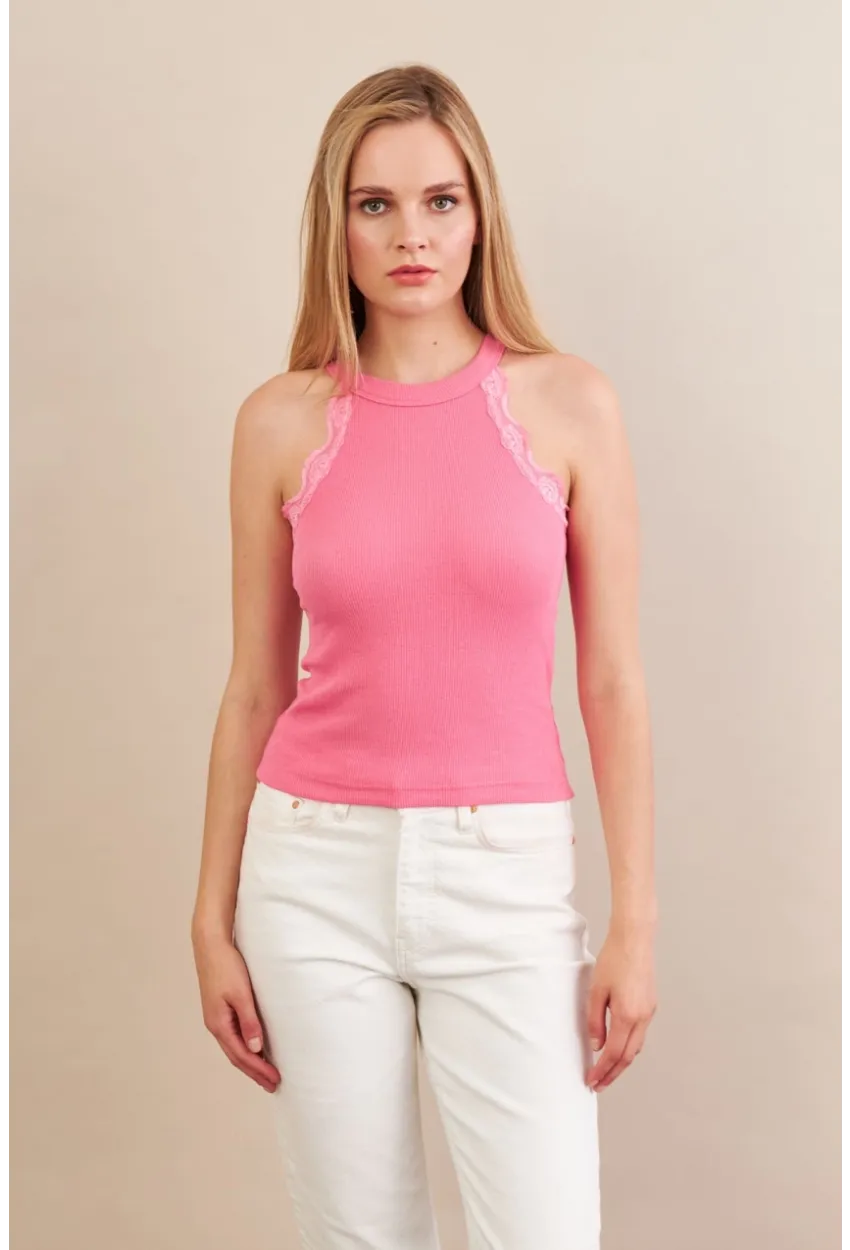Kadın Pembe Halter Yaka Dantelli Bluz MK04