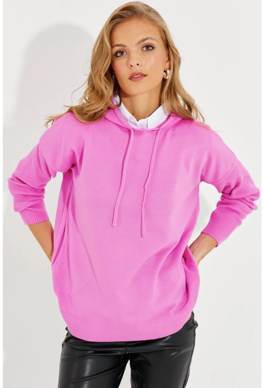 Kadın Pembe Kapüşonlu Cepli Triko Kazak YZ520