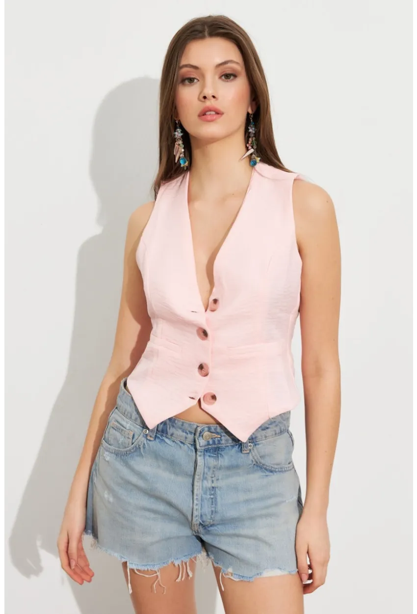 Kadın Pembe Keten Astarlı Yelek TW60046
