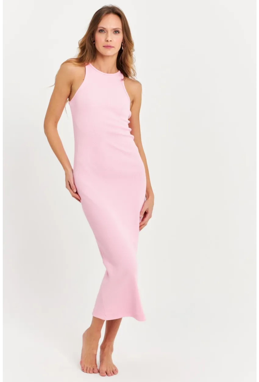 Kadın Pembe Kolsuz Kaşkorse Midi Elbise EY3049