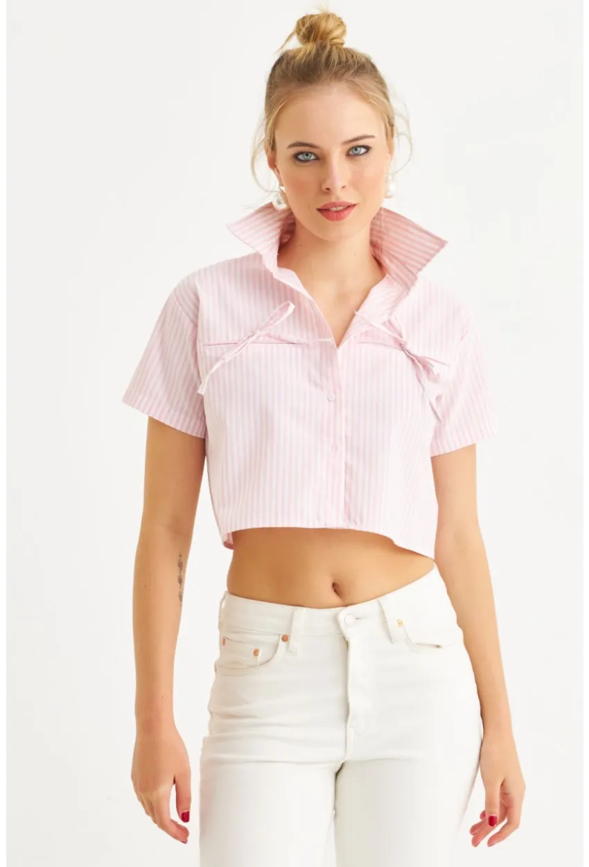 Kadın Pembe Kurdele Detaylı Crop Gömlek MPC302