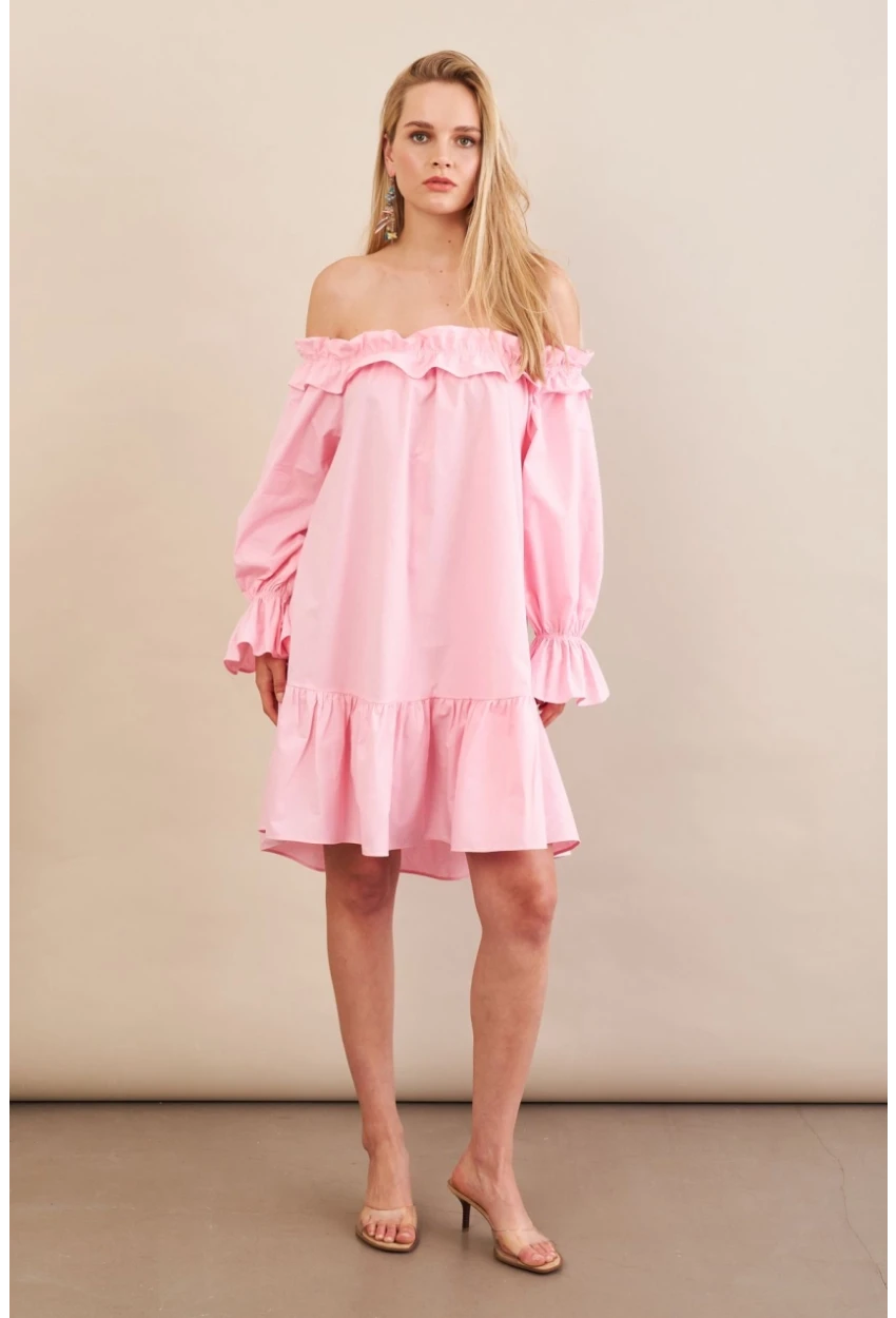 Kadın Pembe Madonna Yaka Midi Elbise PSG1012