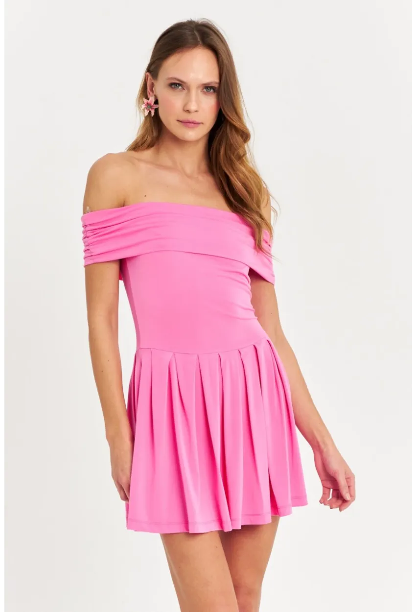 Kadın Pembe Madonna Yaka Mini Elbise MON1262