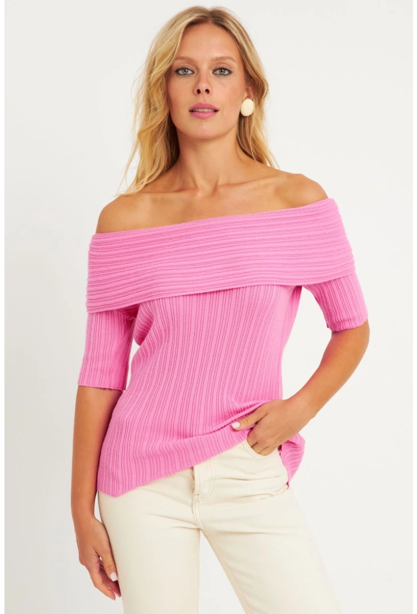 Kadın Pembe Madonna Yaka Triko Bluz KZ538