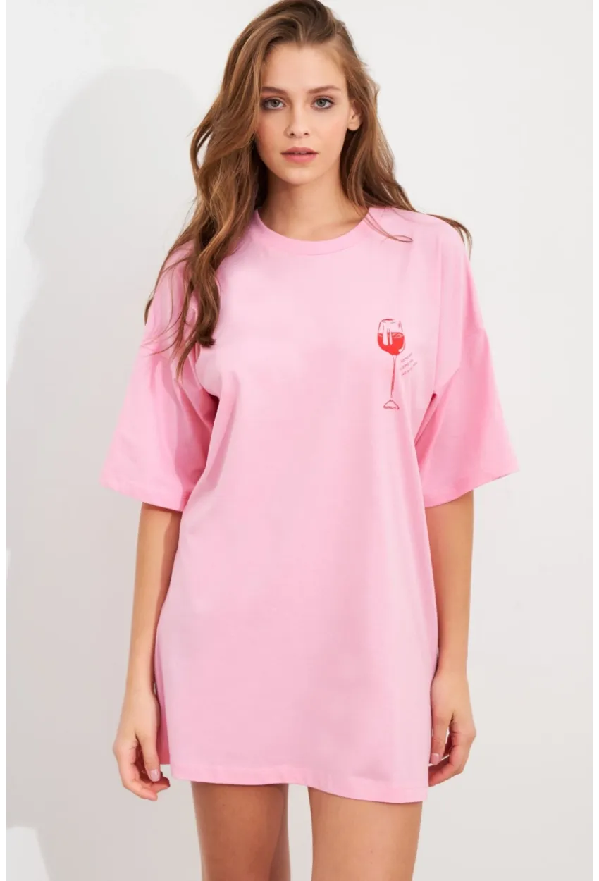 Kadın Pembe Oversize Pijama T-Shirt TPG14