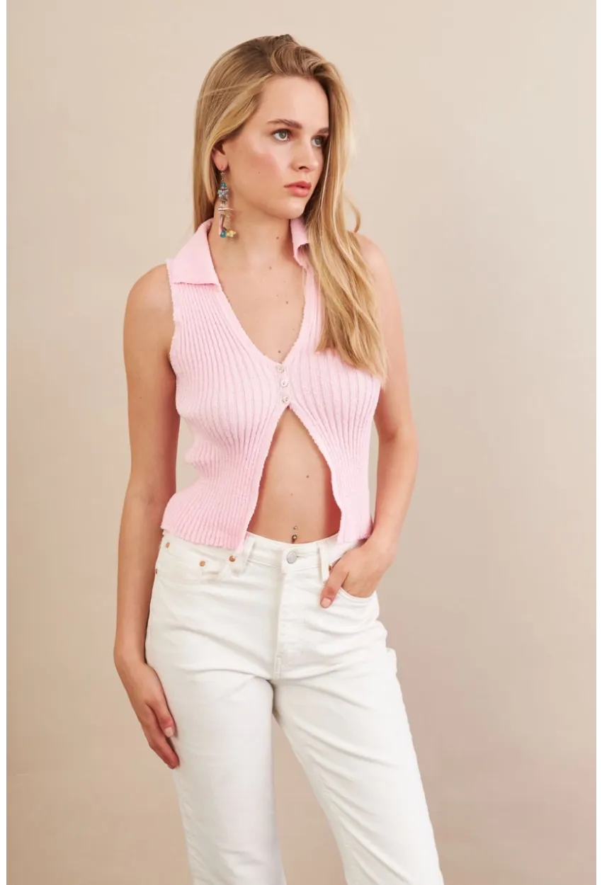 Kadın Pembe Polo Yaka Yumoş Yelek ZH050