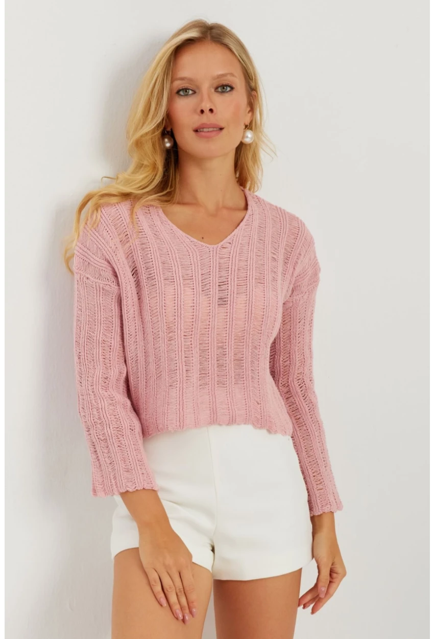 Kadın Pembe V Yaka Ajurlu Triko Bluz YV233