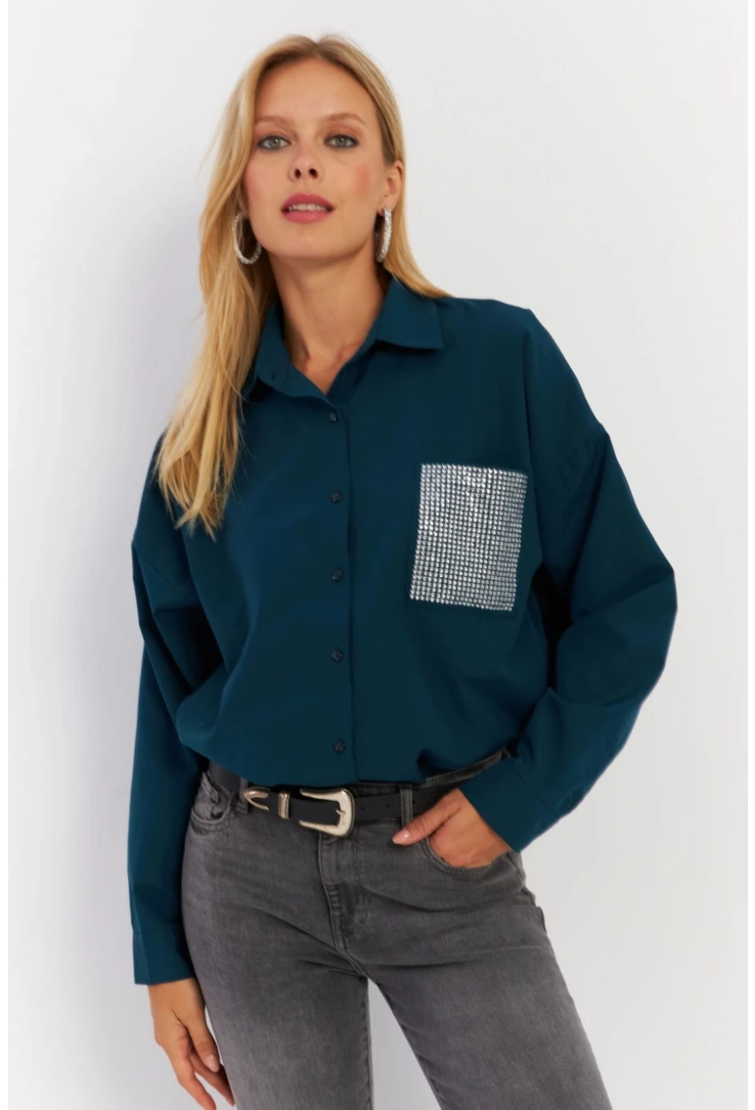 Kadın Petrol Cepli Taşlı Gömlek MZER414