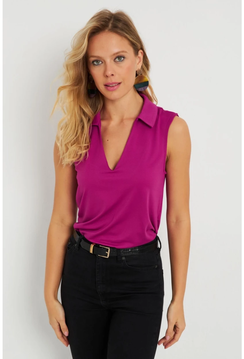 Kadın Polo Yaka Bluz Fuşya AYD276