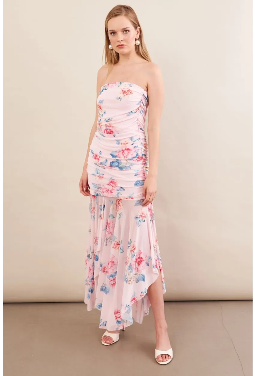 Kadın Pudra Drapeli Straplez Midi Tül Elbise ERL101