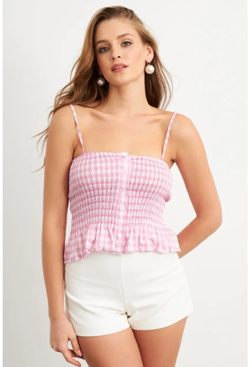 Kadın Pudra Ekose Lastikli Crop Bluz MTK13397