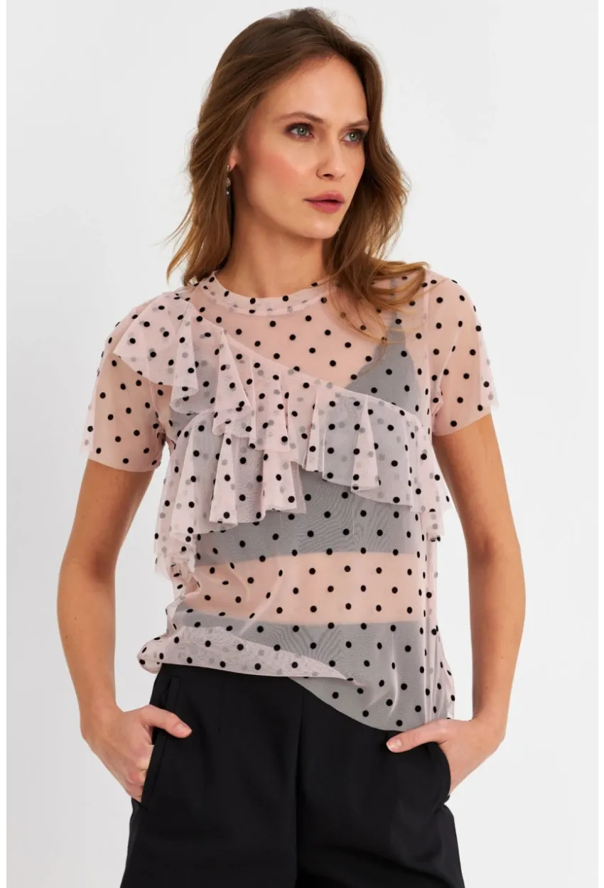 Kadın Pudra-Siyah Puantiyeli Tül Bluz ZH029
