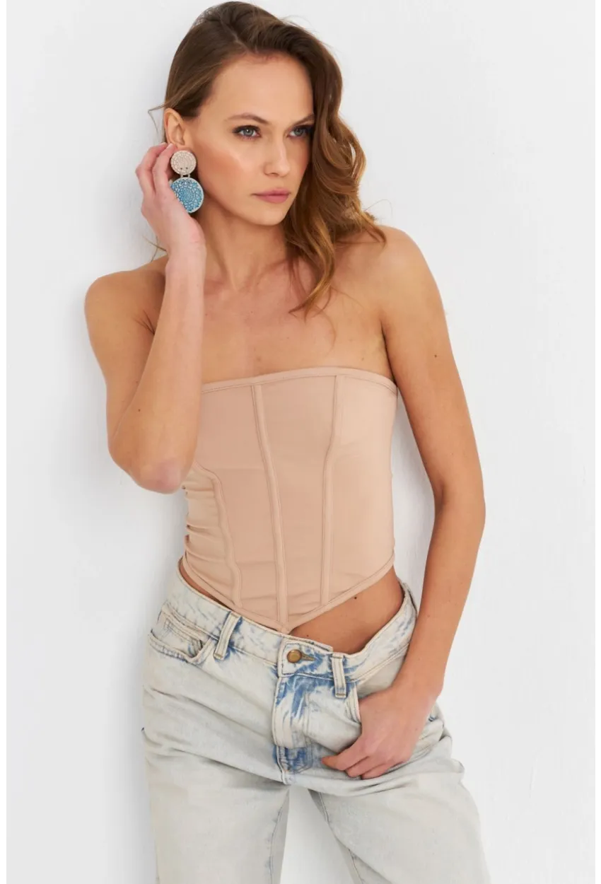 Kadın Pudra Straplez Crop Bluz B6081