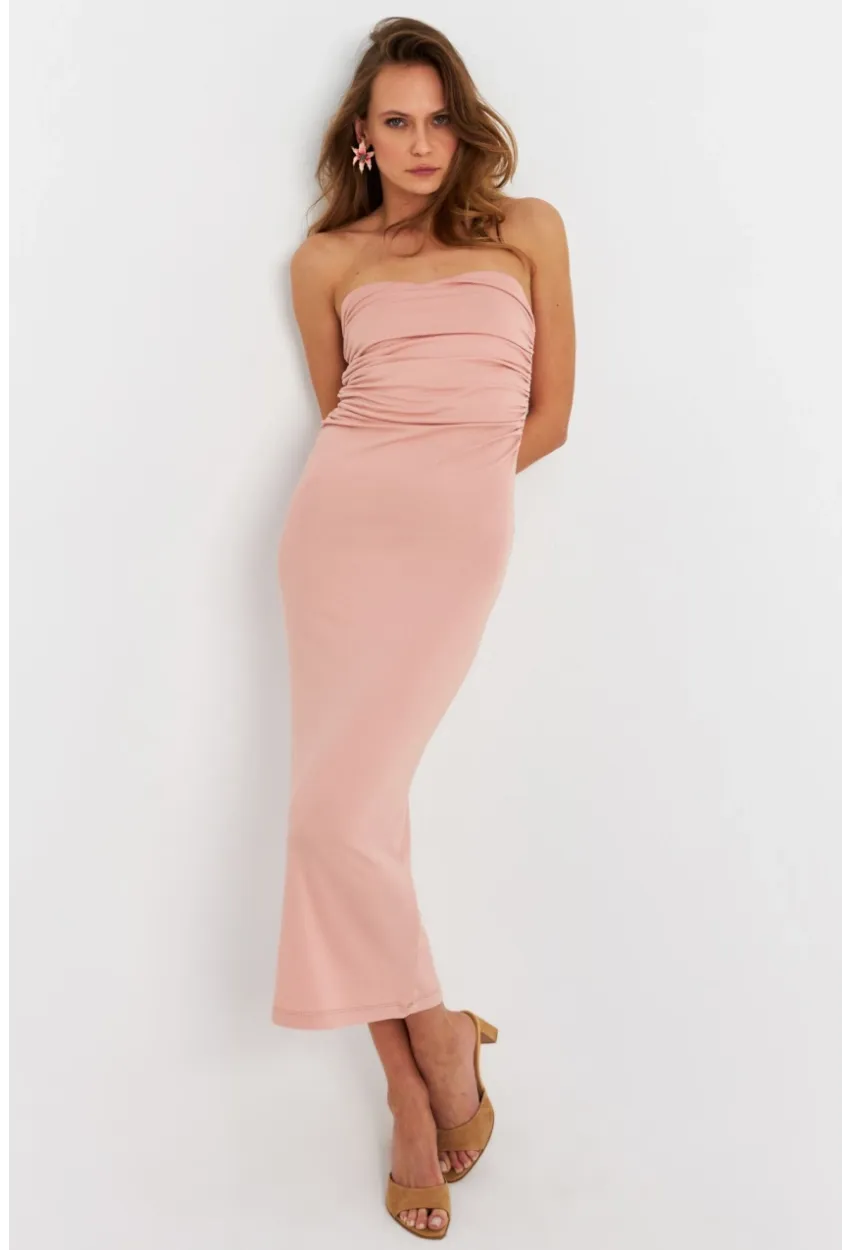 Kadın Pudra Straplez Midi Elbise EY3080