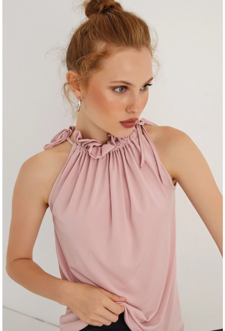 Kadın Pudra Yakası Fırfırlı Kolsuz Bluz BTH01