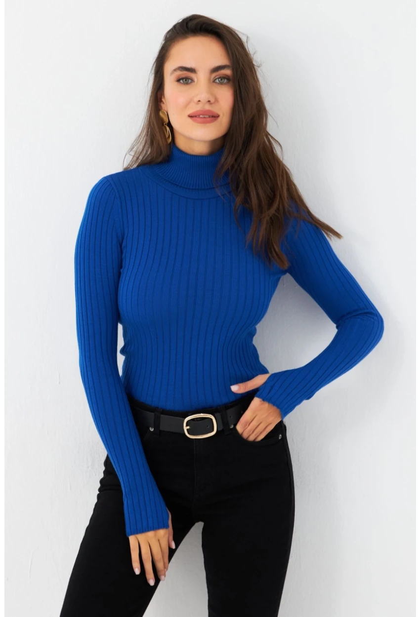 Kadın Saks Balıkçı Yaka Triko Bluz MYV102-90