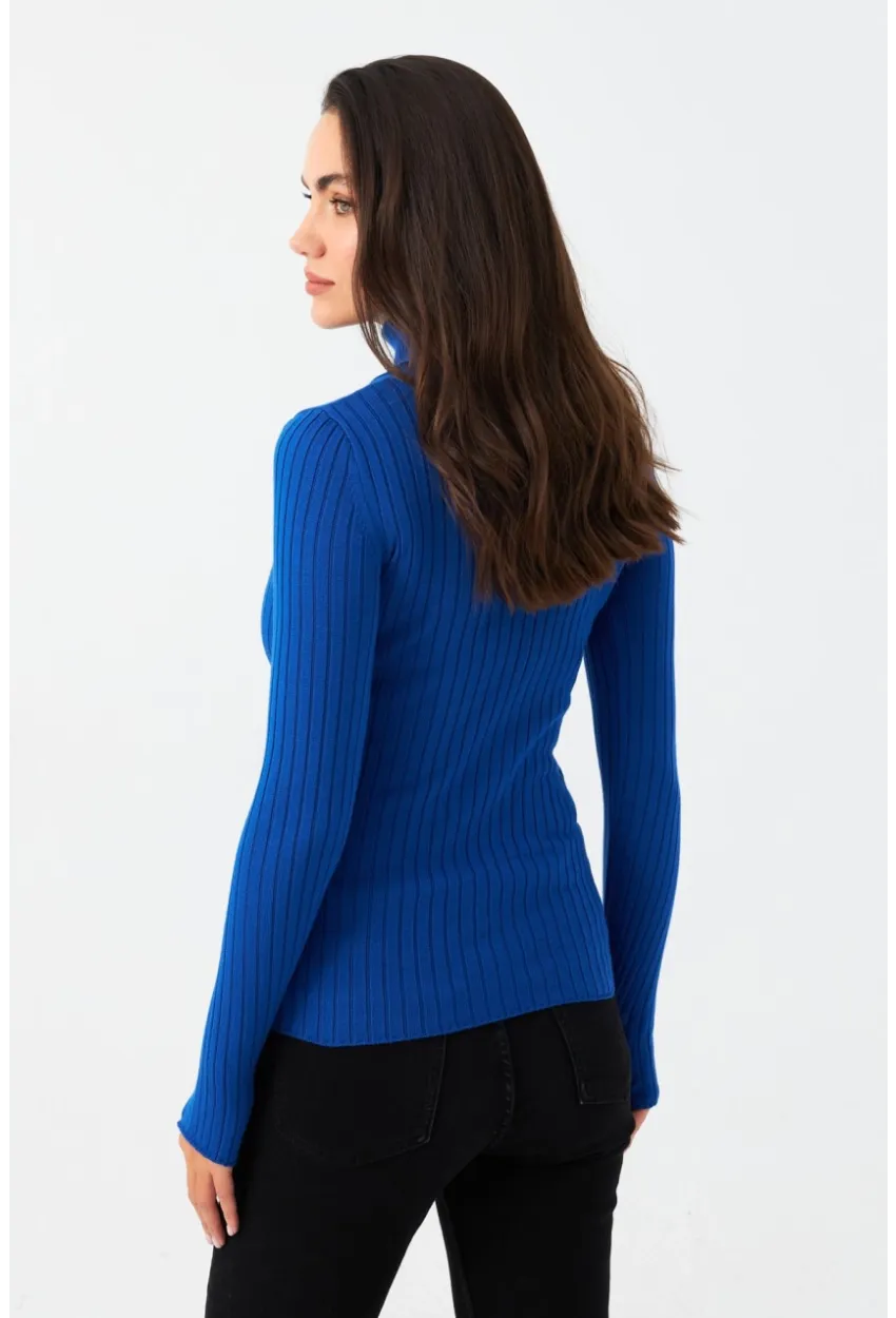 Kadın Saks Balıkçı Yaka Triko Bluz MYV102-90