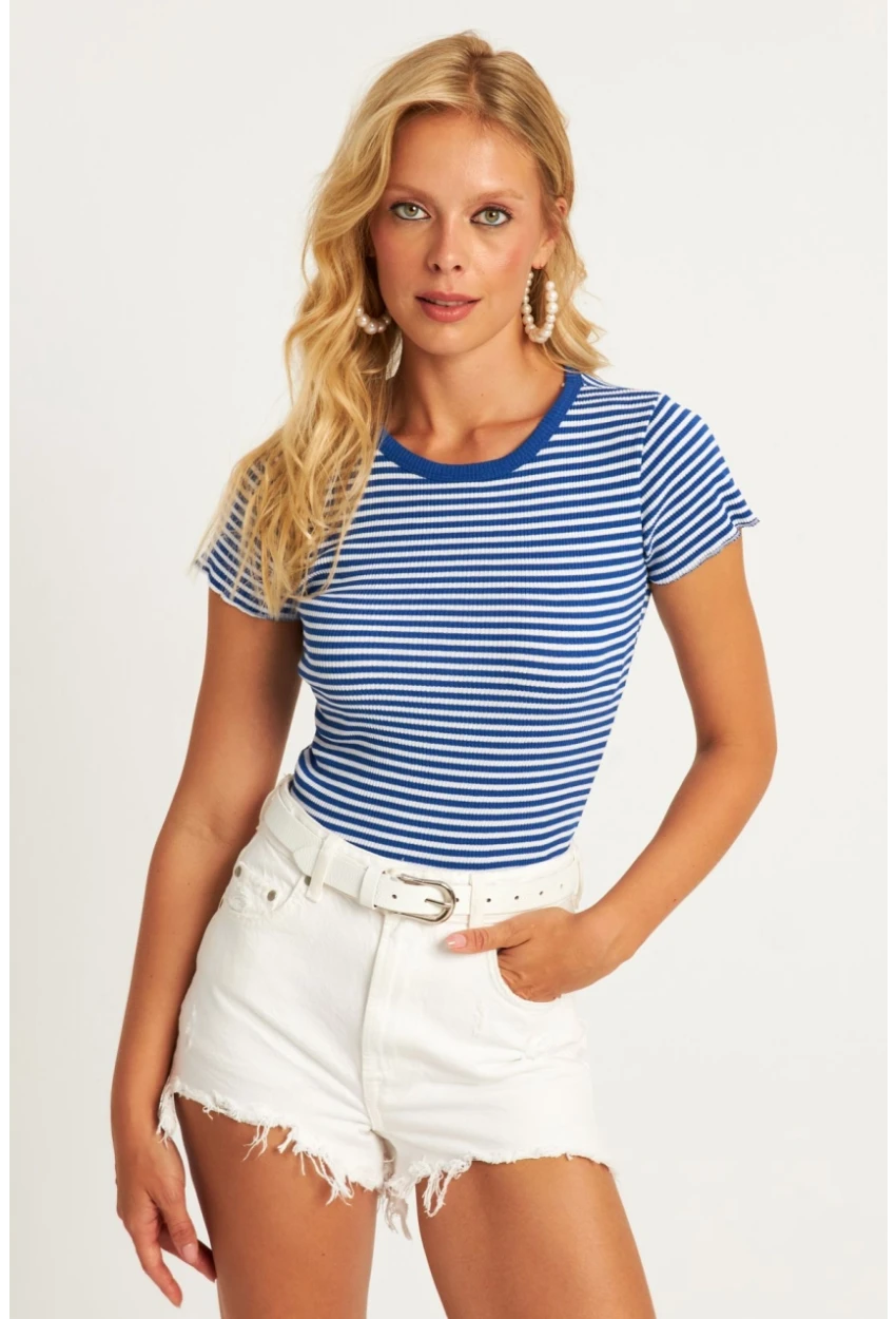 Kadın Saks-Beyaz Çizgili Bluz XL2005