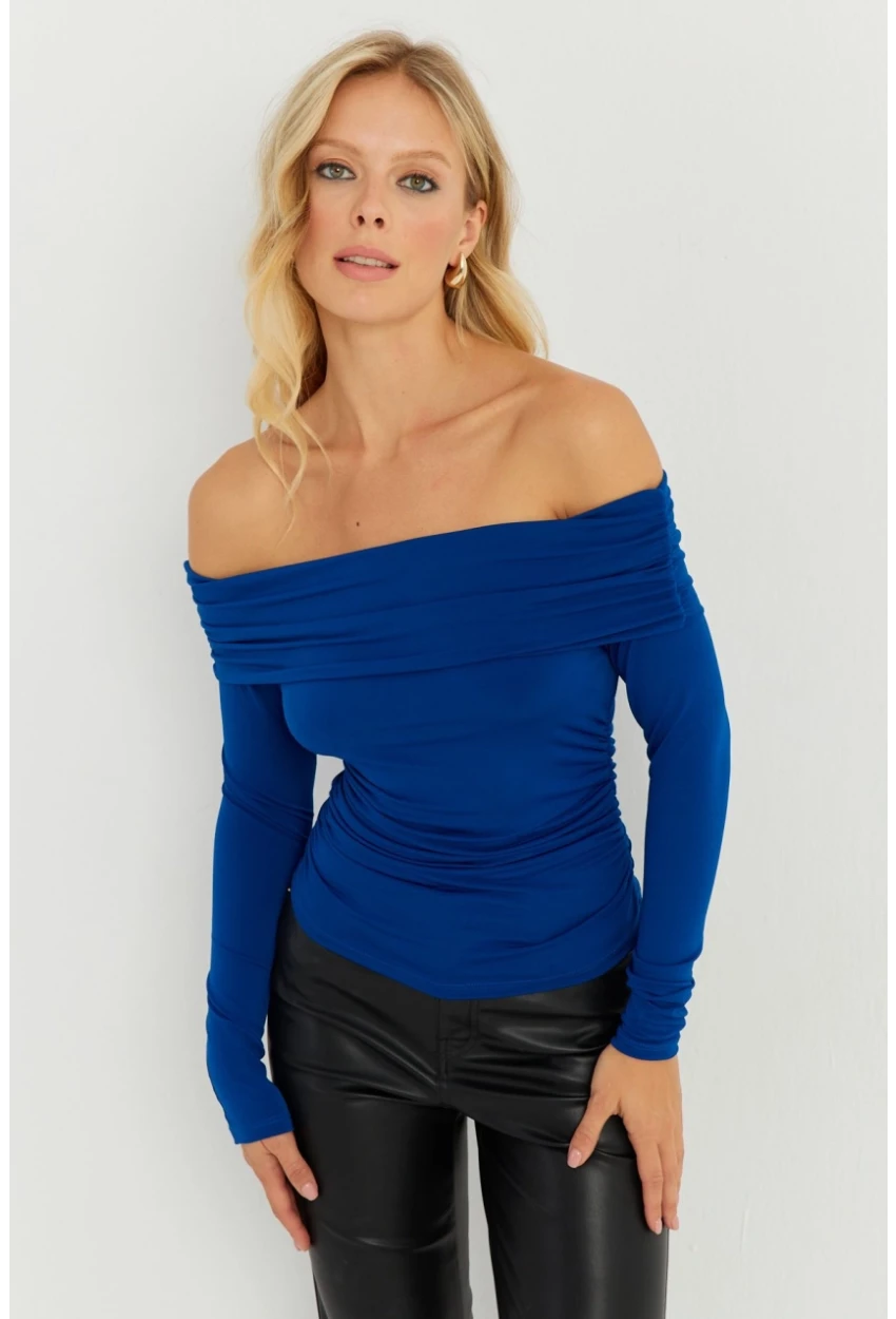 Kadın Saks Büzgülü Madonna Bluz MON1119