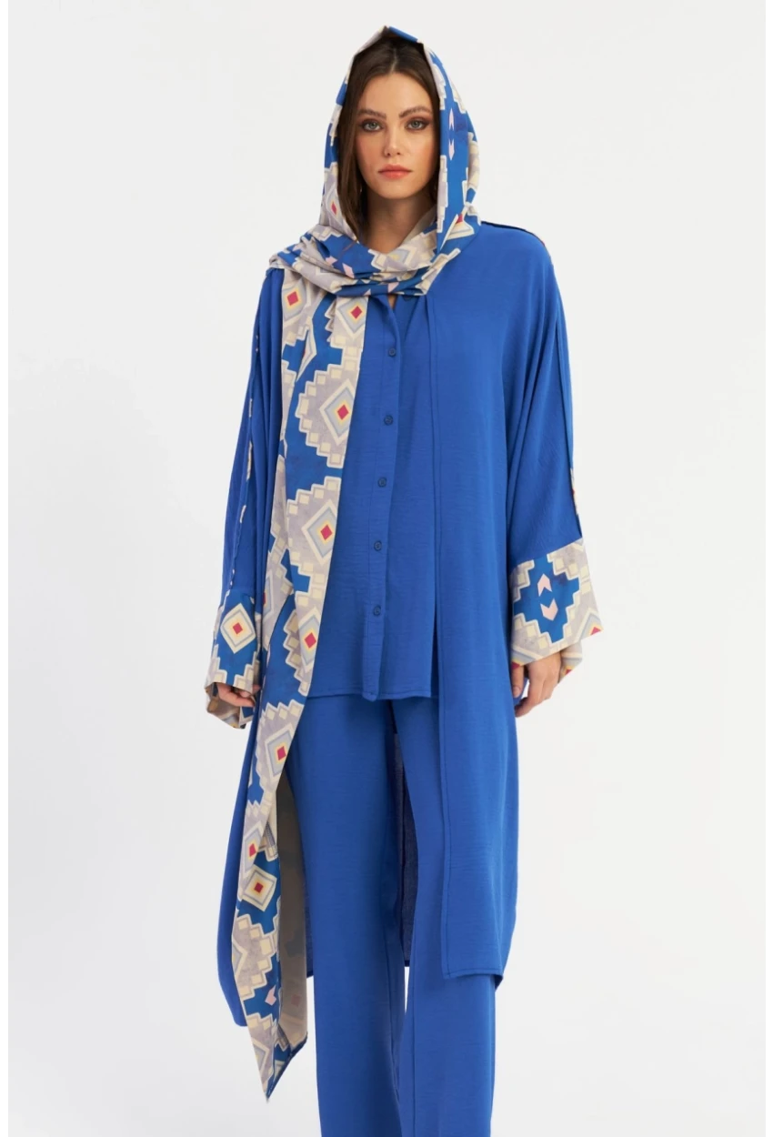 Kadın Saks Desenli Kapüşonlu Kaftan GÇ193