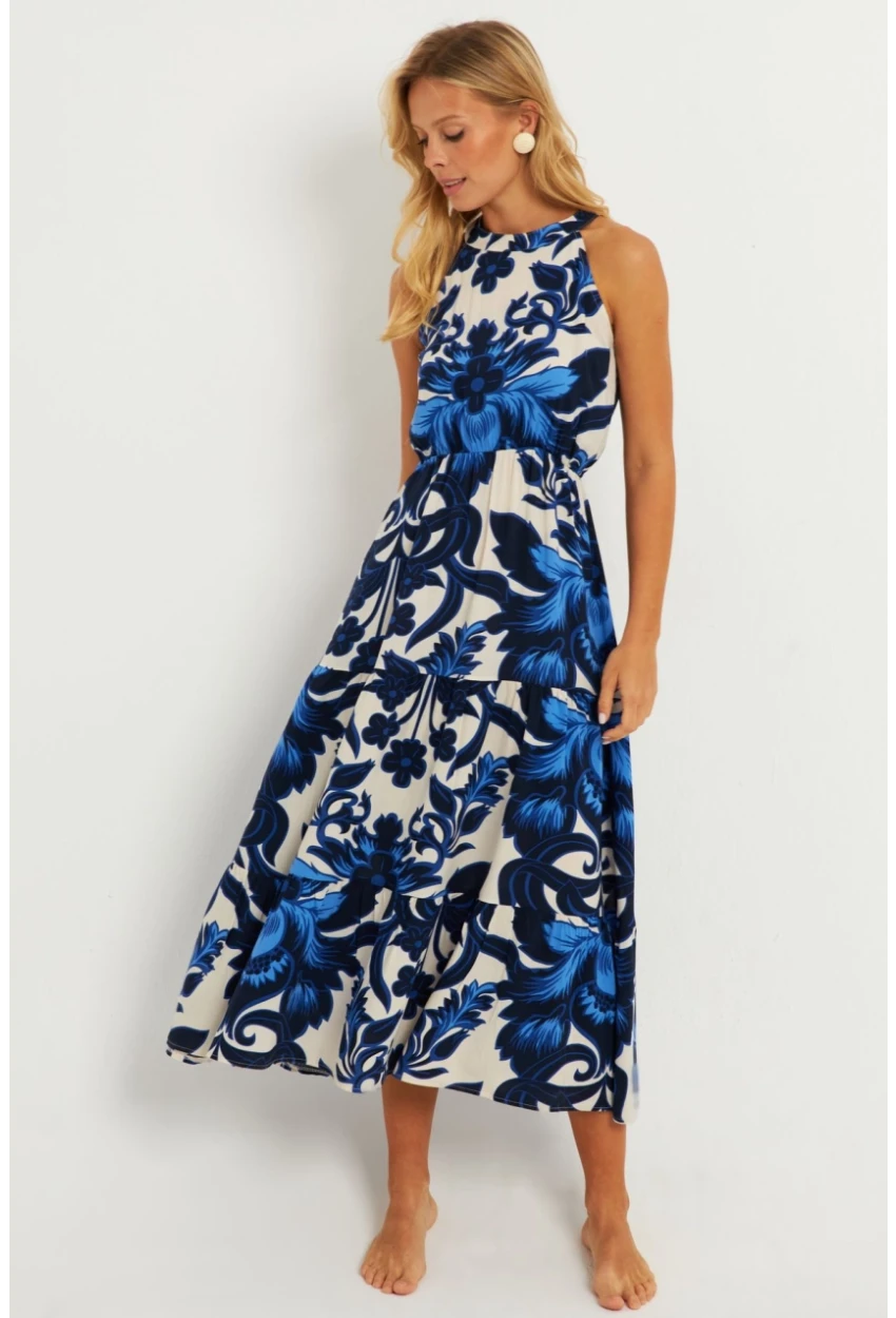 Kadın Saks Desenli Midi Elbise YZ1107