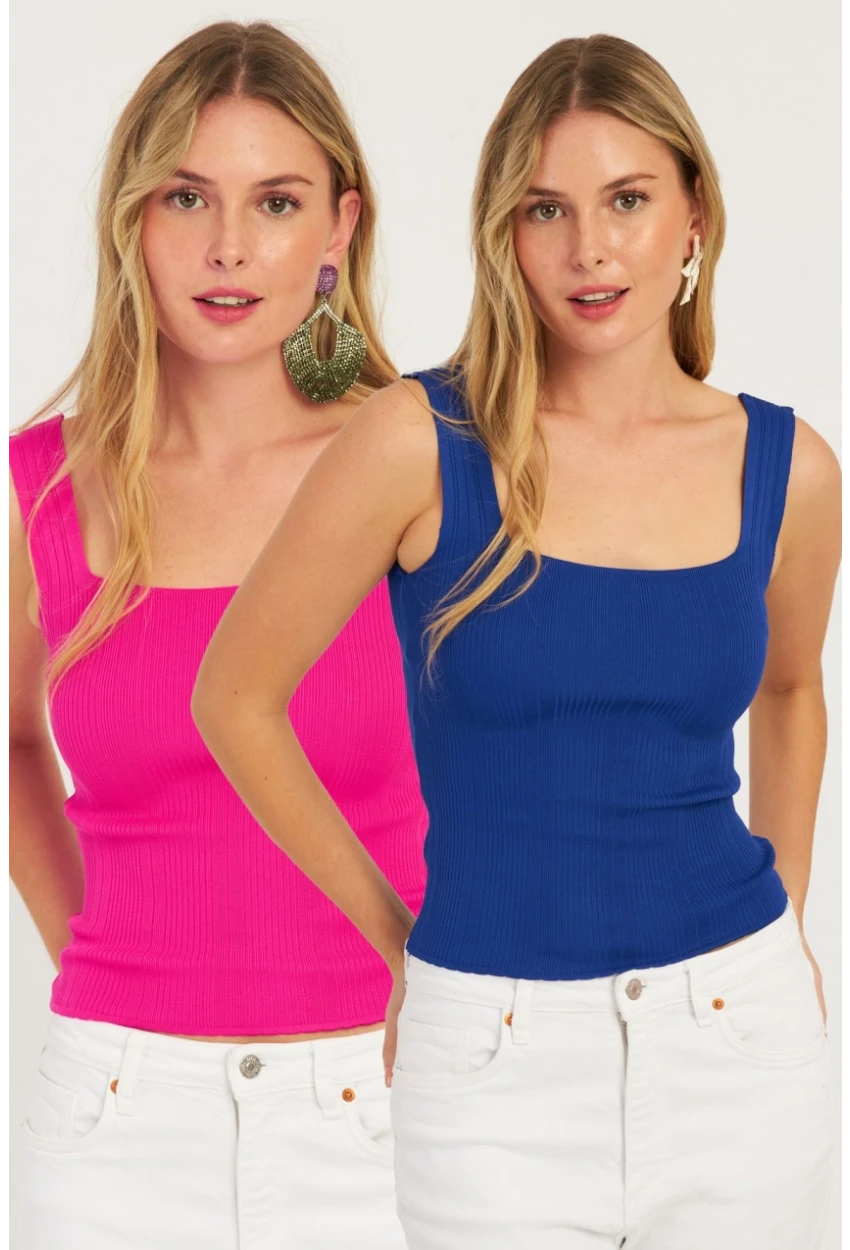 Kadın Saks-Fuşya İkili Kare Yaka Triko Bluz SMT226