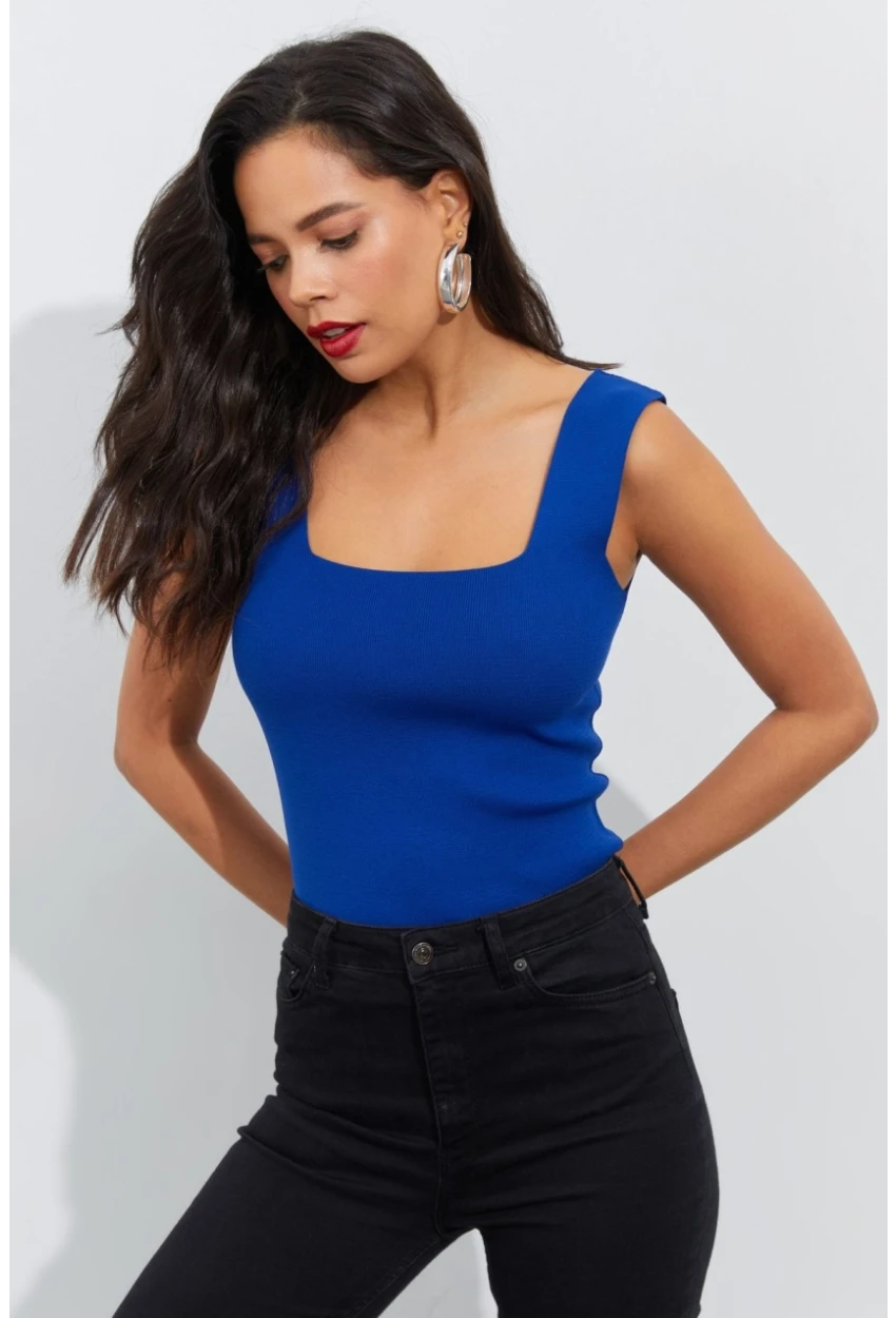 Kadın Saks Kare Yaka Triko Bluz YV87